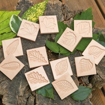 Set of 12 natural wood leaf tiles for matching activities
