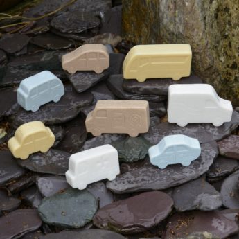 Set of 8 small world play vehicles made from stone