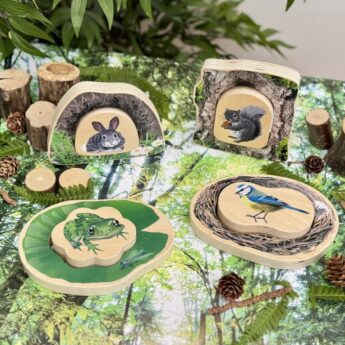 who's hiding woodland animals Bird and nest, Frog and lily pad, Rabbit and burrow, Squirrel and tree